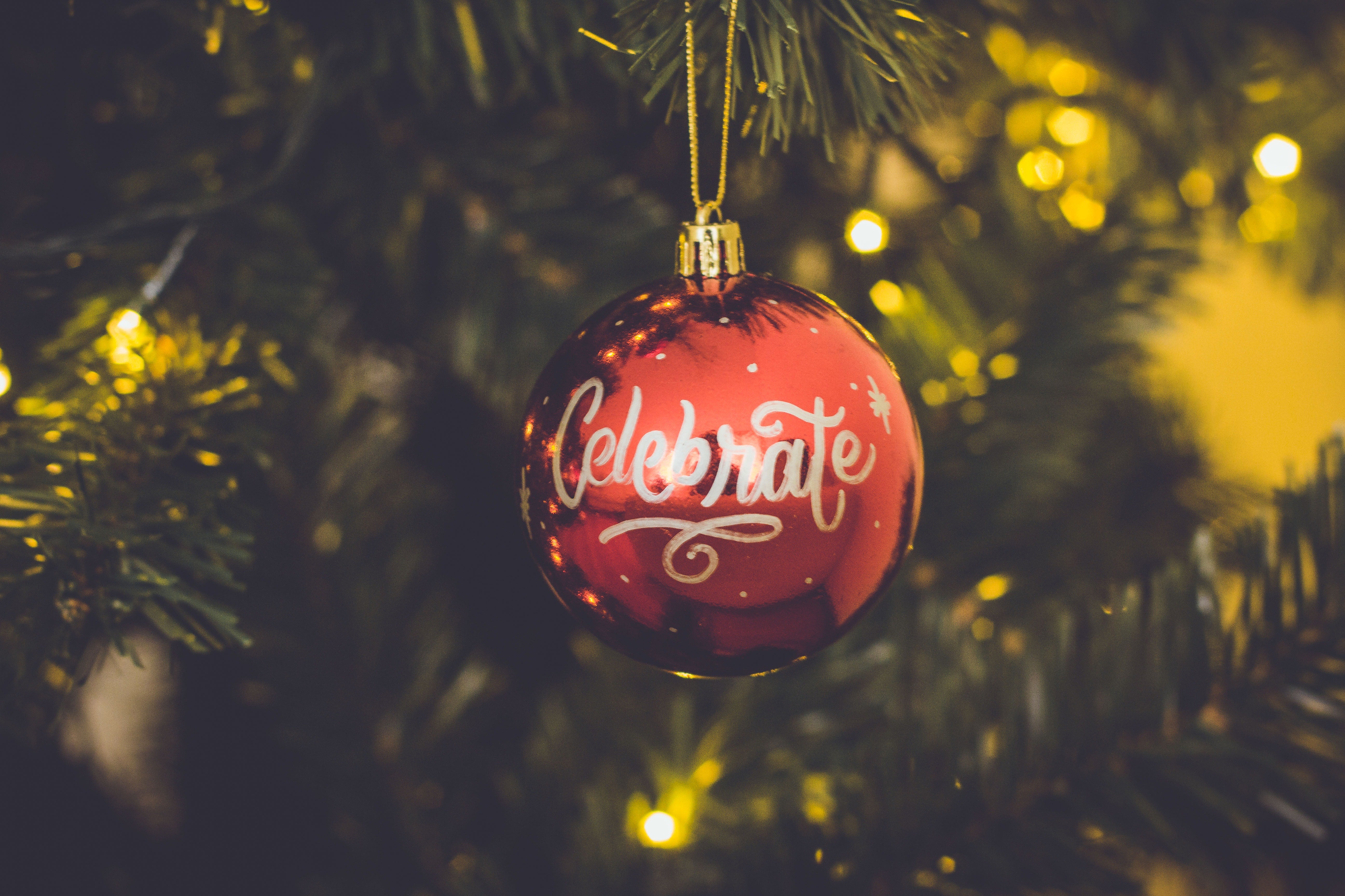 A 'celebrate' Christmas ornament hanging on a tree